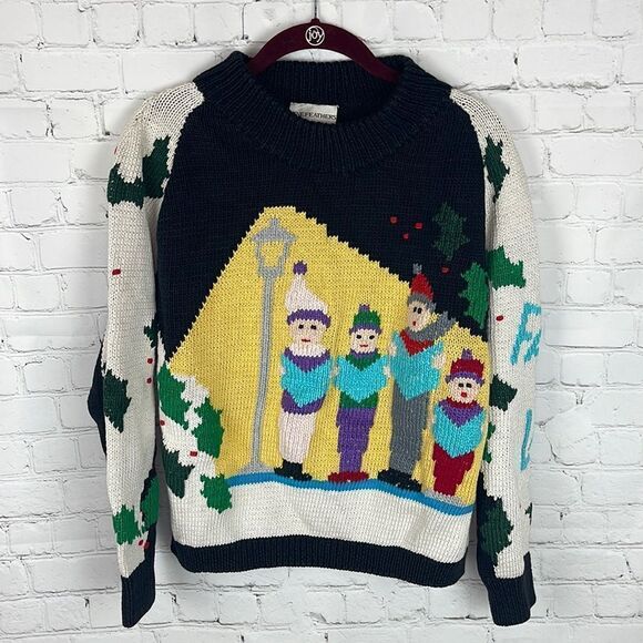 Vintage 1988 Fine Feathers Ugly Christmas Sweater Medium Hand Knit Carolers Sing - Picture 1 of 7